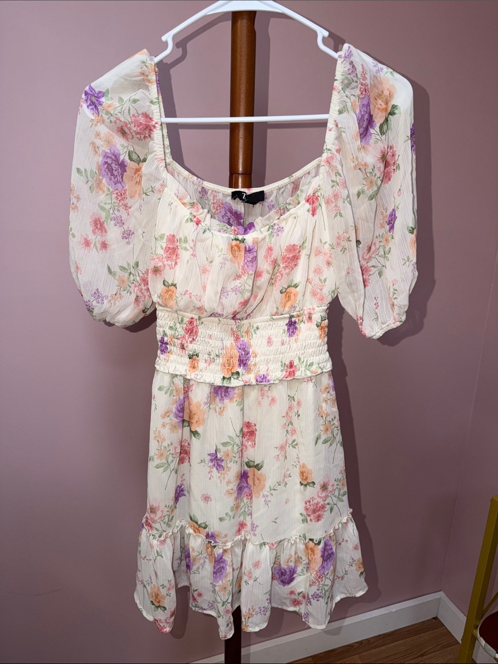 Trixxi Cream Mini Dress with Pink, Purple & Peach Floral Print